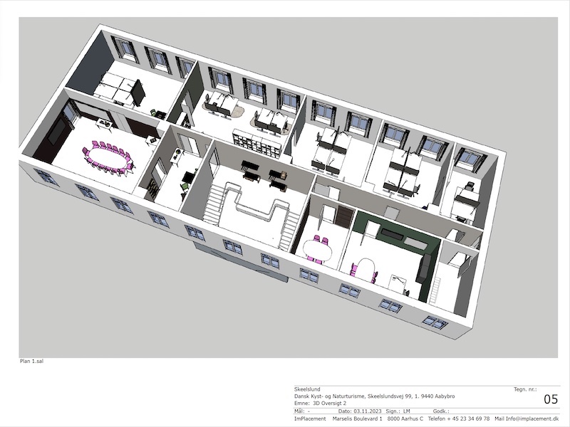 Løsninger blev visualiseret i 3D-tegninger. Vi inddrog de eksisterende møbler, hvor det gav mening, og evaluerede, hvilke elementer der skulle opdateres eller tilføjes for at skabe den optimale løsning.