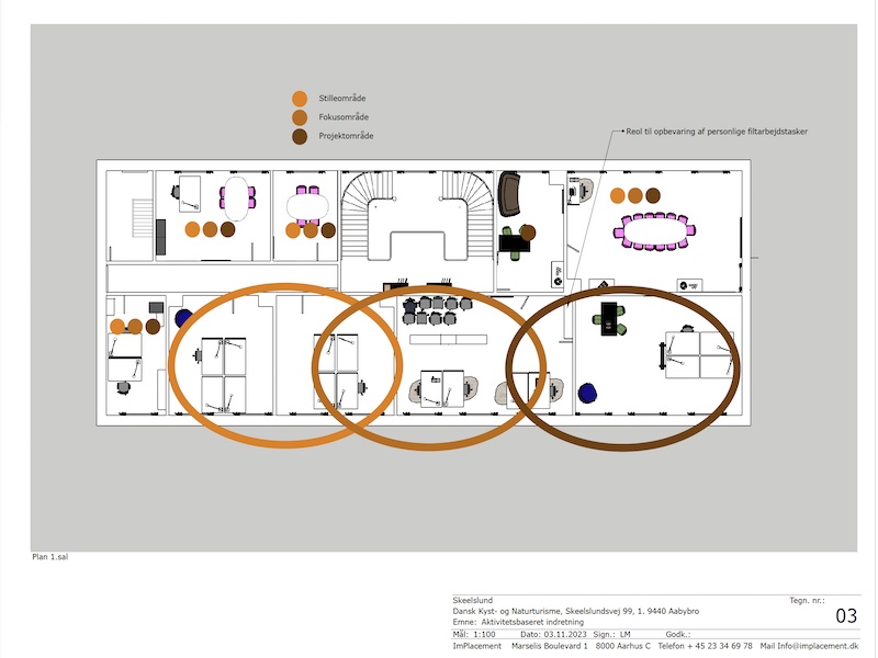 zoneopdelt indretning med 22 skrivebordspladser, mødelokaler og loungeområder.