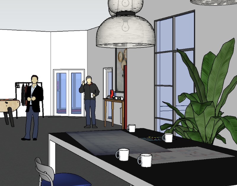 Fællesområde med indgang til to mødelokaler, depot og fem kontorer